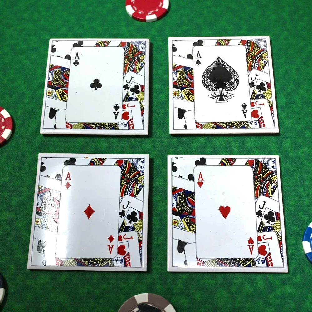 Vintage NEW Aces High Playing Card Ceramic Porcelain Coasters Cork Backed 4.25